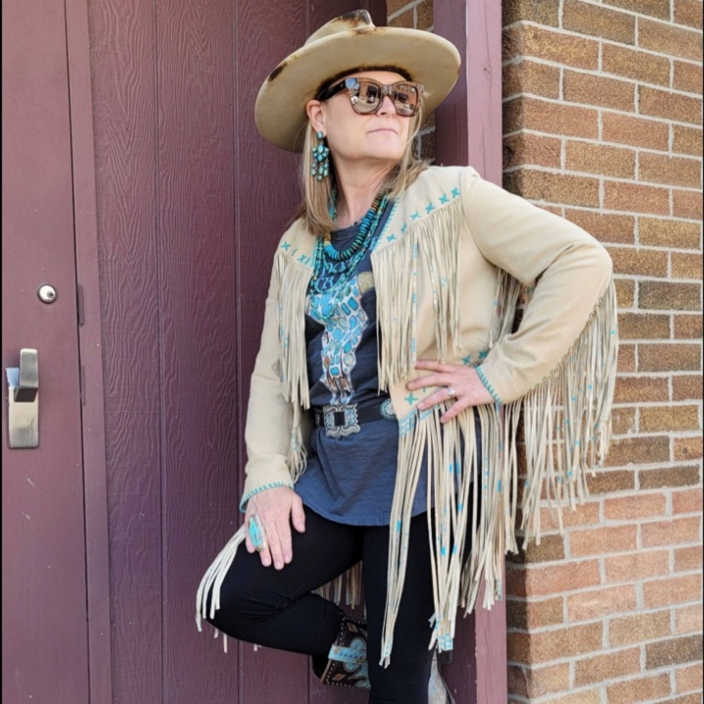 Stone fringed authentic leather jacket